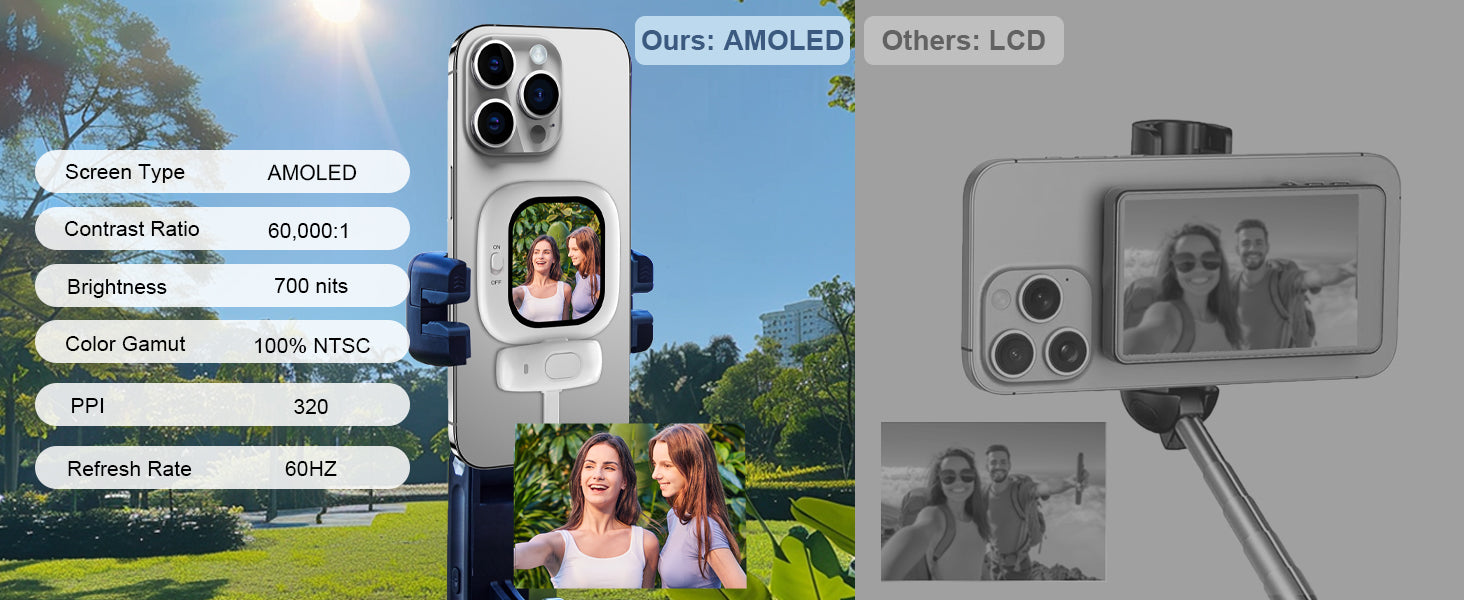 Zuno mini tela amoled magnética selfie monitor tela de controle remoto 700nits para iphone 5-12 13 14 15 16 pro vlog meninas presentes